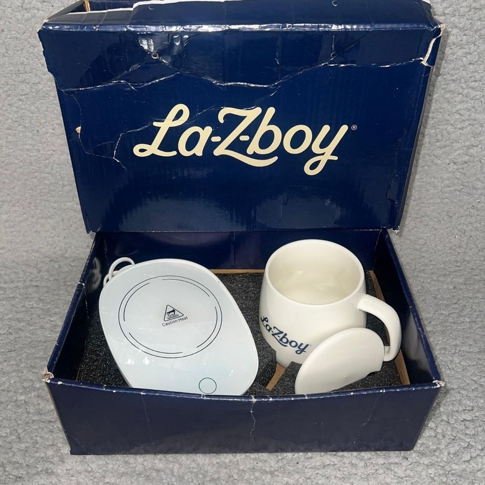 NOS La-Z-Boy Mug Warmer Set Ceramic Mug w/ Lid Spoon Electric Heater‎